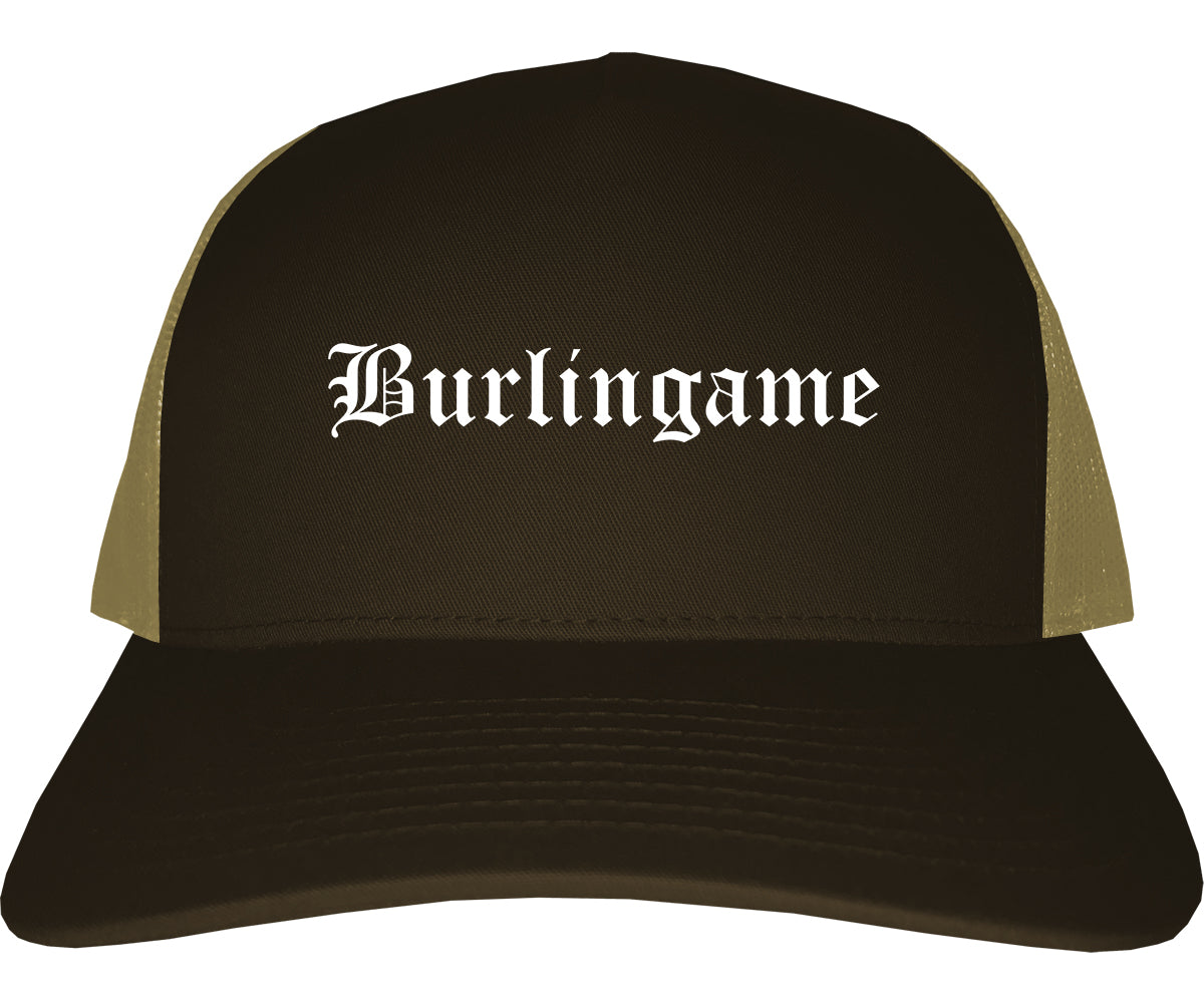 Burlingame California CA Old English Mens Trucker Hat Cap Brown