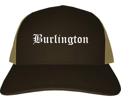 Burlington Iowa IA Old English Mens Trucker Hat Cap Brown