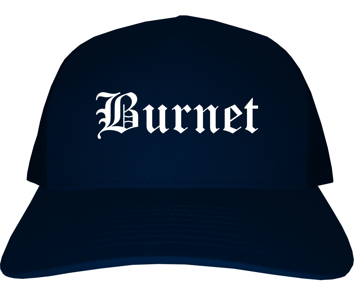 Burnet Texas TX Old English Mens Trucker Hat Cap Navy Blue