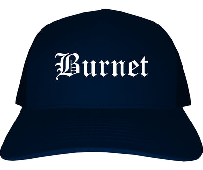 Burnet Texas TX Old English Mens Trucker Hat Cap Navy Blue