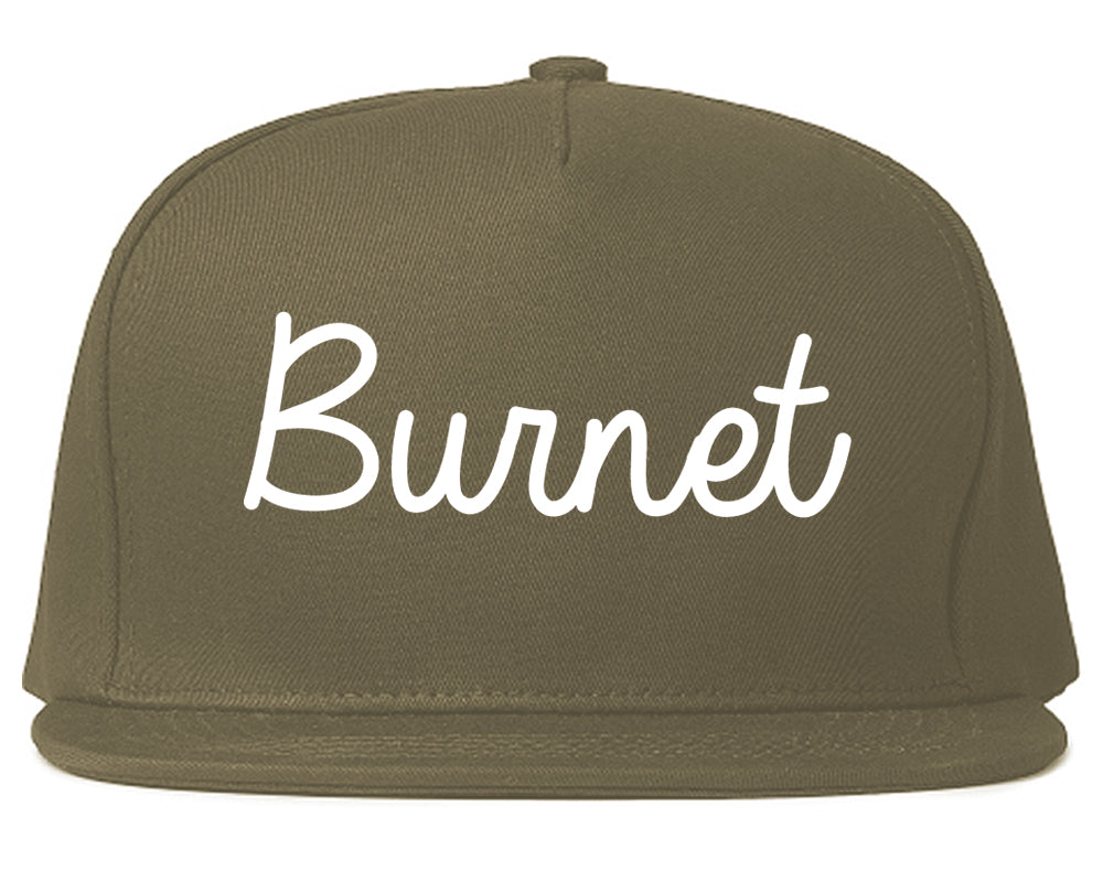 Burnet Texas TX Script Mens Snapback Hat Grey