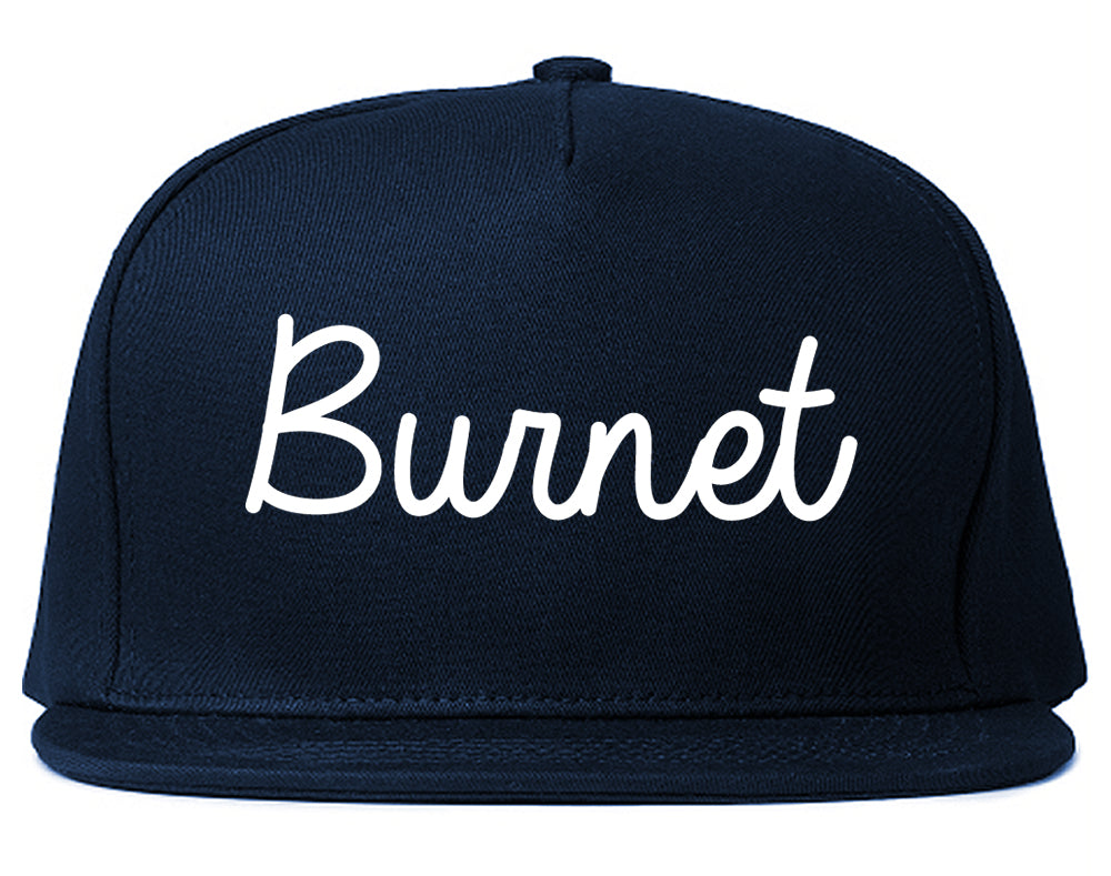 Burnet Texas TX Script Mens Snapback Hat Navy Blue