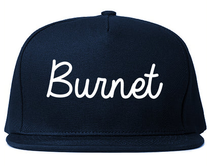 Burnet Texas TX Script Mens Snapback Hat Navy Blue