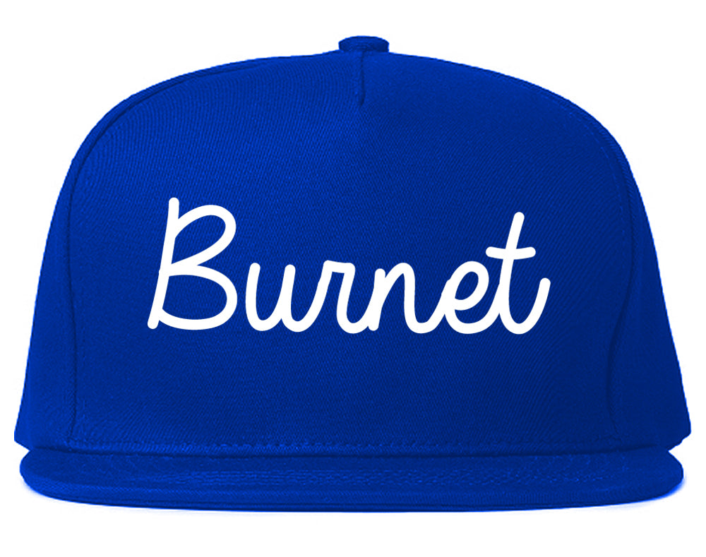 Burnet Texas TX Script Mens Snapback Hat Royal Blue