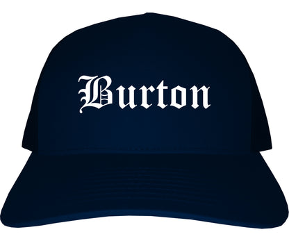 Burton Michigan MI Old English Mens Trucker Hat Cap Navy Blue