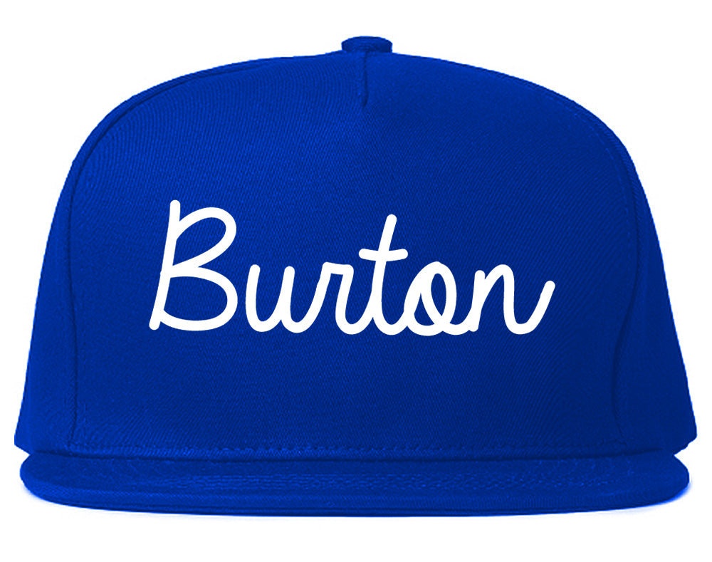 Burton Michigan MI Script Mens Snapback Hat Royal Blue