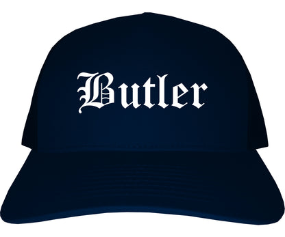 Butler Missouri MO Old English Mens Trucker Hat Cap Navy Blue