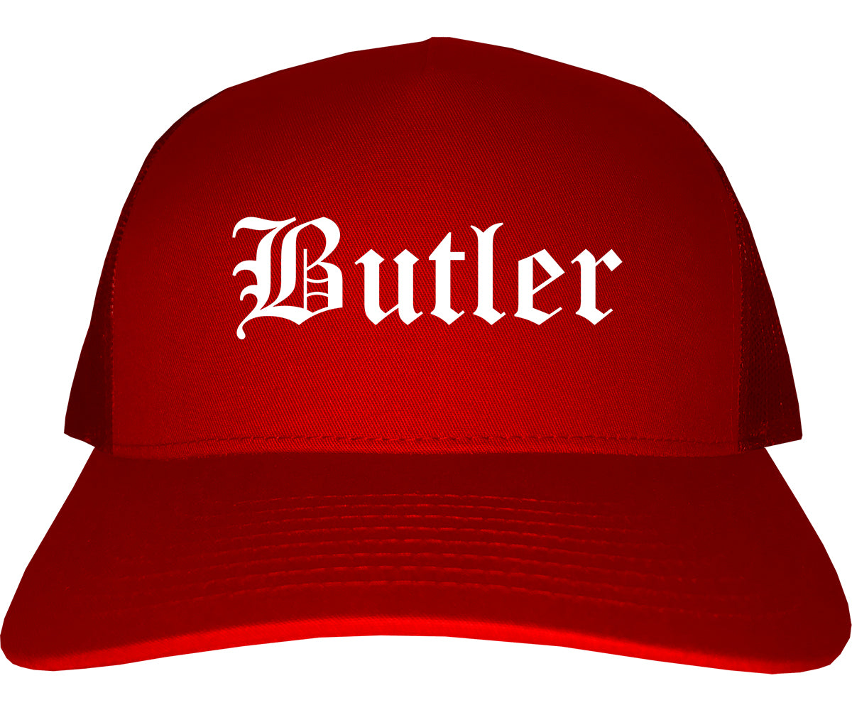 Butler New Jersey NJ Old English Mens Trucker Hat Cap Red