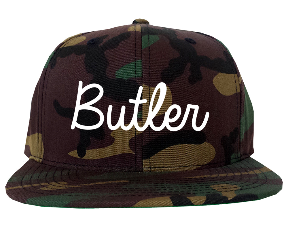 Butler New Jersey NJ Script Mens Snapback Hat Army Camo
