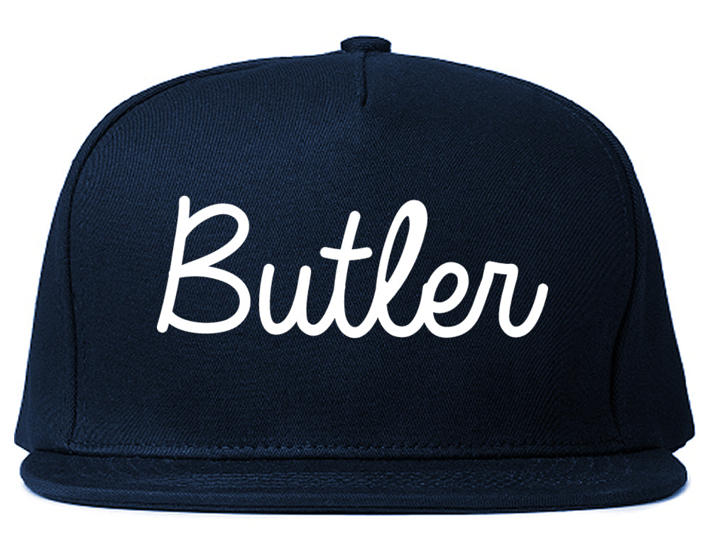 Butler New Jersey NJ Script Mens Snapback Hat Navy Blue