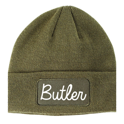 Butler Pennsylvania PA Script Mens Knit Beanie Hat Cap Olive Green