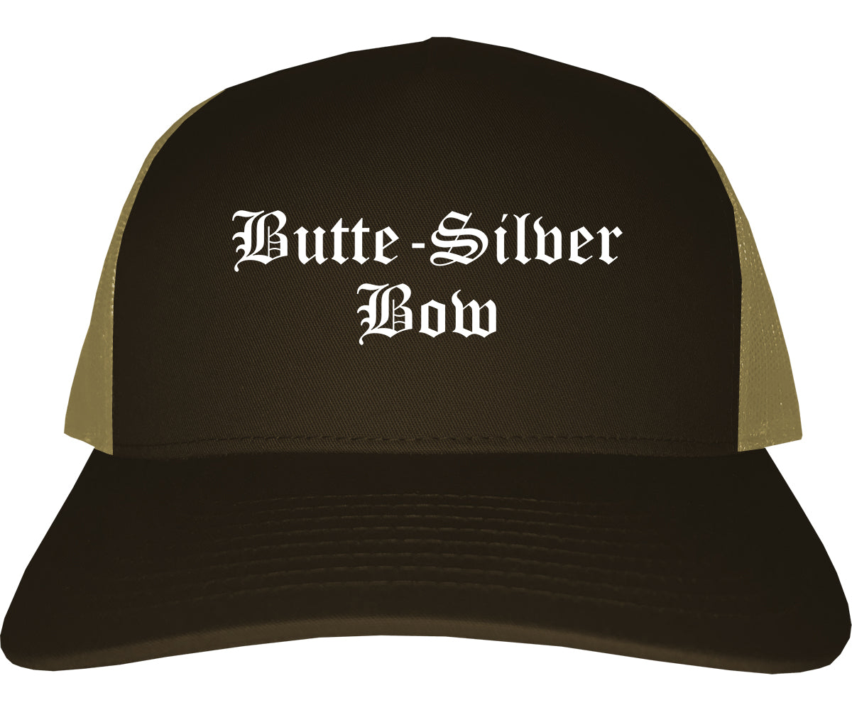 Butte Silver Bow Montana MT Old English Mens Trucker Hat Cap Brown