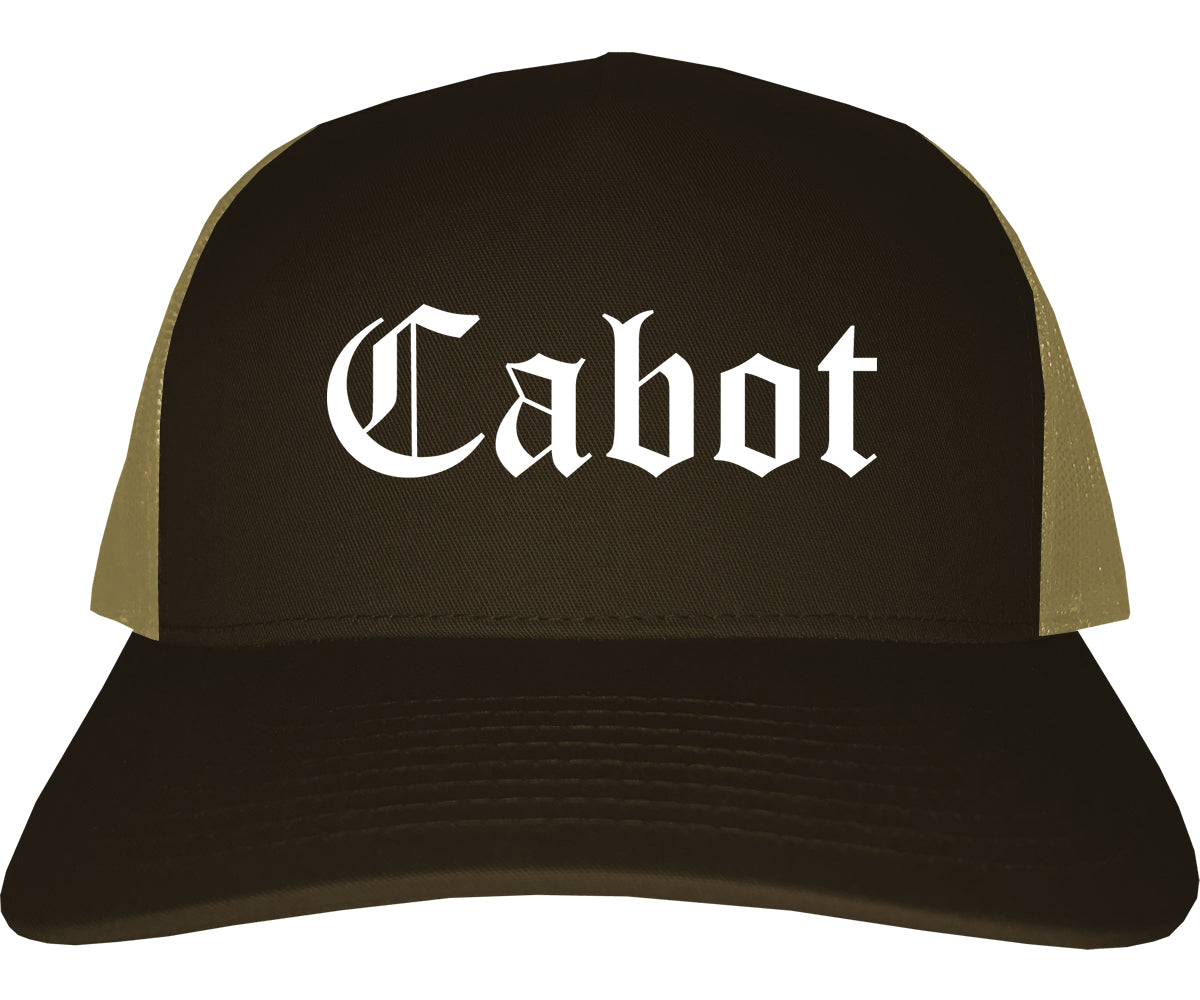 Cabot Arkansas AR Old English Mens Trucker Hat Cap Brown