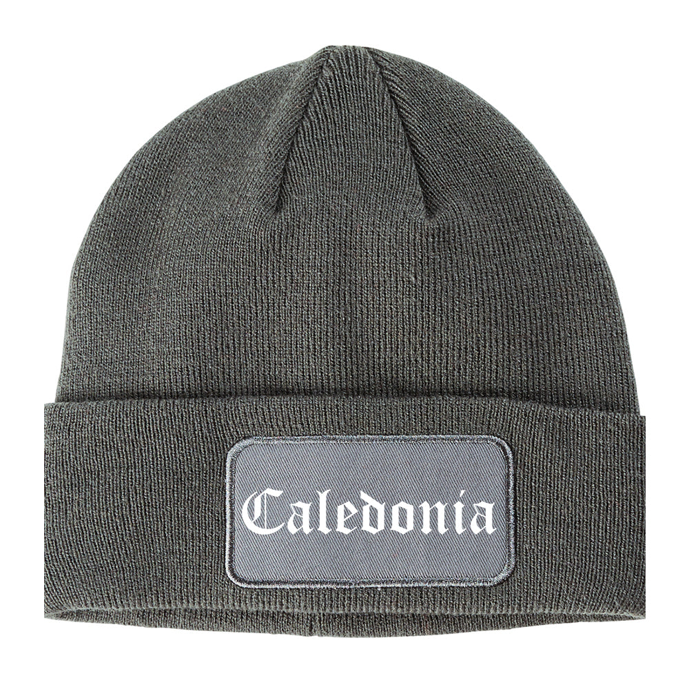 Caledonia Wisconsin WI Old English Mens Knit Beanie Hat Cap Grey