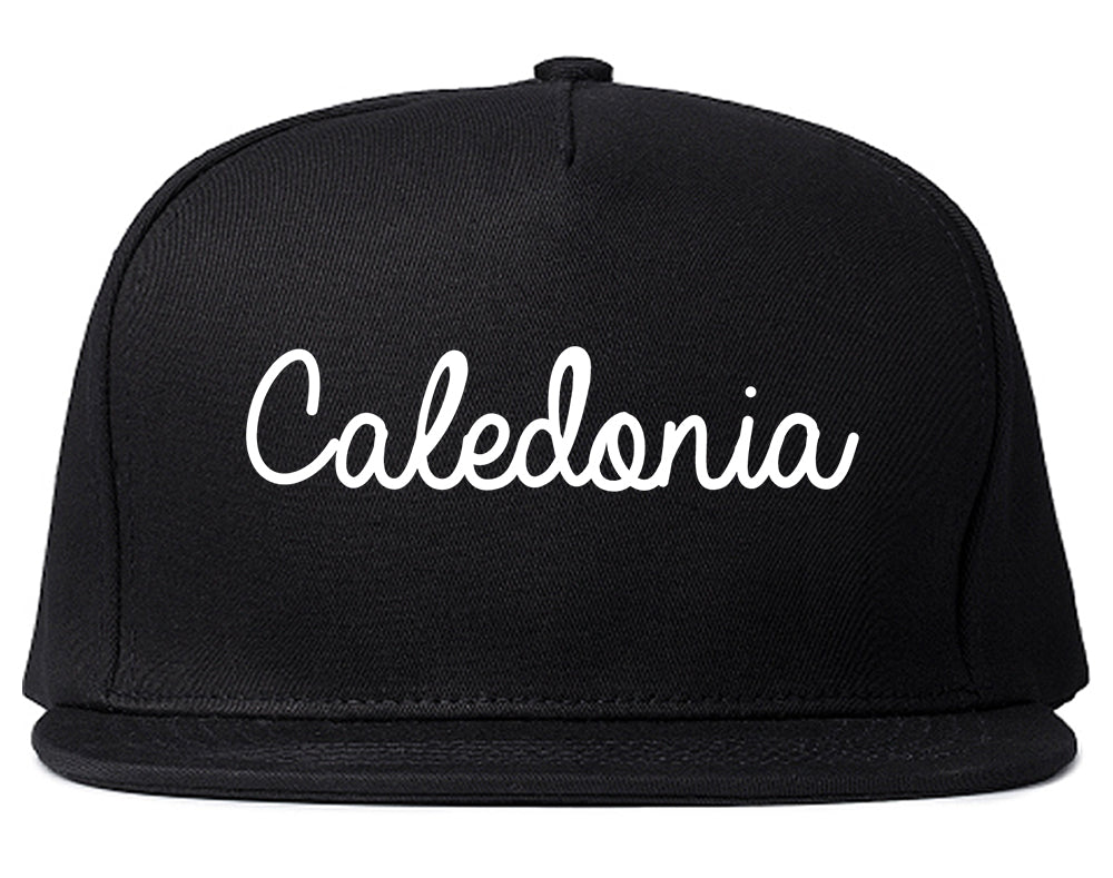 Caledonia Wisconsin WI Script Mens Snapback Hat Black
