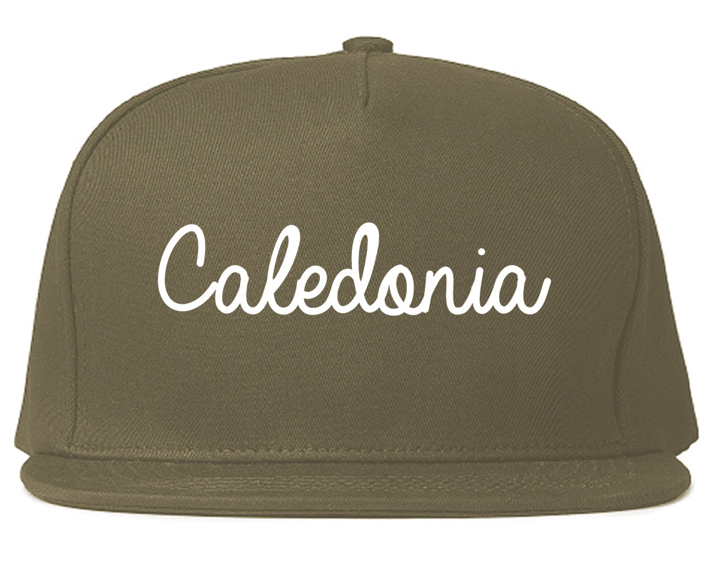 Caledonia Wisconsin WI Script Mens Snapback Hat Grey