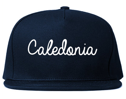 Caledonia Wisconsin WI Script Mens Snapback Hat Navy Blue