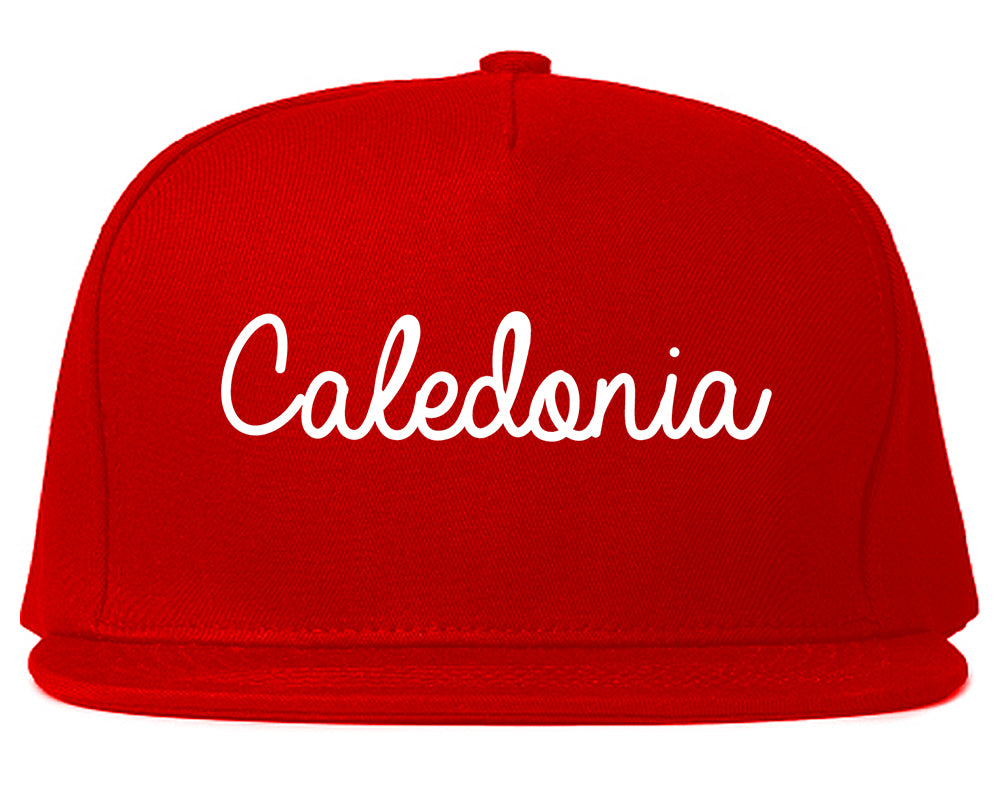Caledonia Wisconsin WI Script Mens Snapback Hat Red