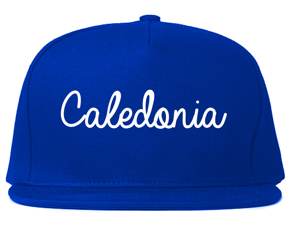 Caledonia Wisconsin WI Script Mens Snapback Hat Royal Blue