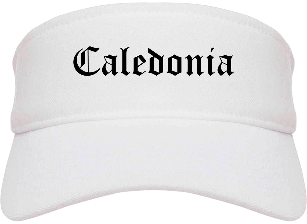 Caledonia Wisconsin WI Old English Mens Visor Cap Hat White