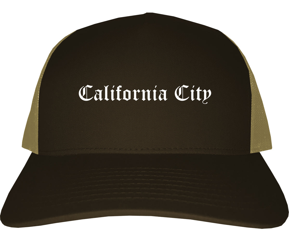 California City California CA Old English Mens Trucker Hat Cap Brown