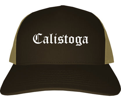 Calistoga California CA Old English Mens Trucker Hat Cap Brown