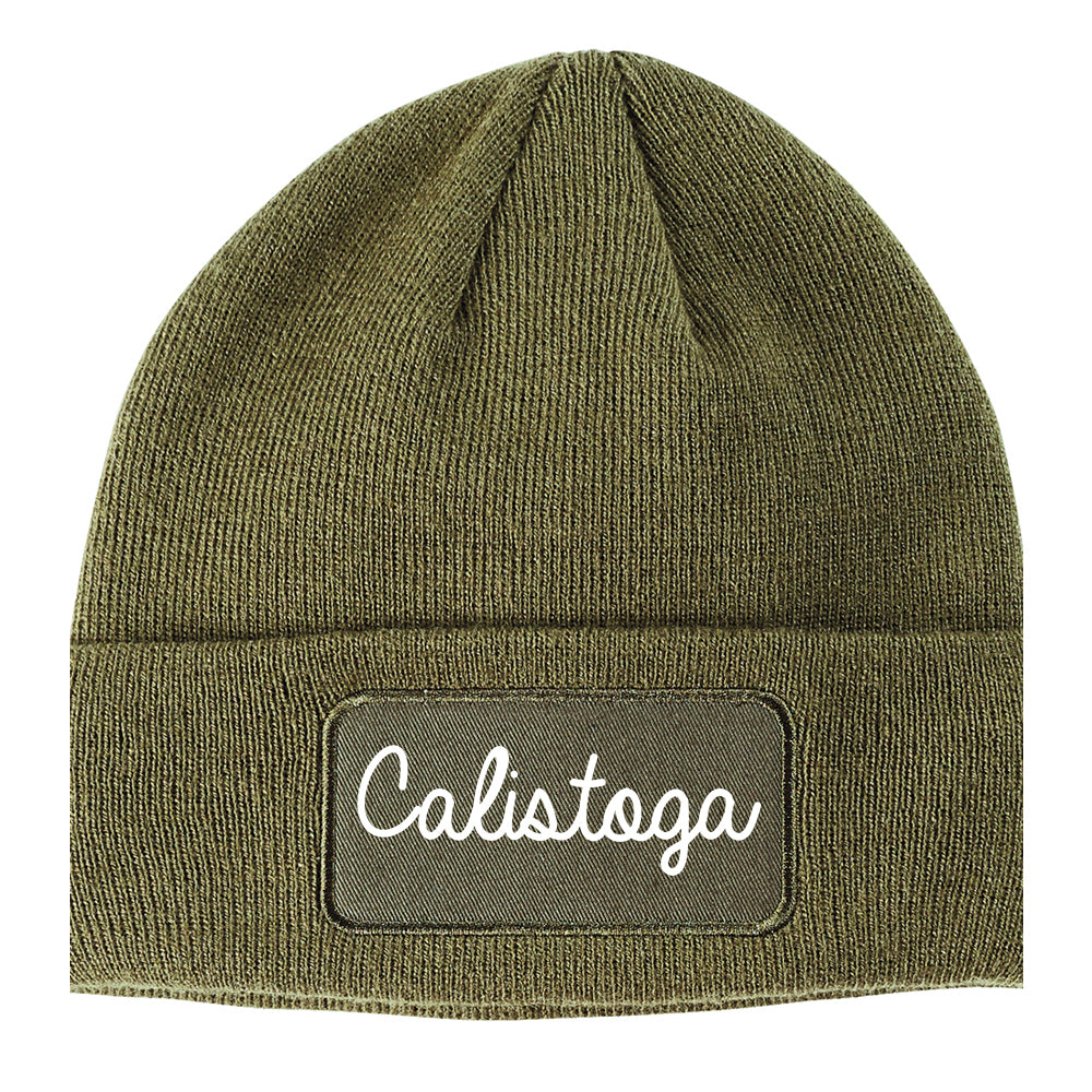 Calistoga California CA Script Mens Knit Beanie Hat Cap Olive Green