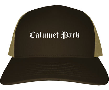 Calumet Park Illinois IL Old English Mens Trucker Hat Cap Brown