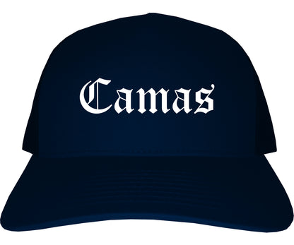 Camas Washington WA Old English Mens Trucker Hat Cap Navy Blue