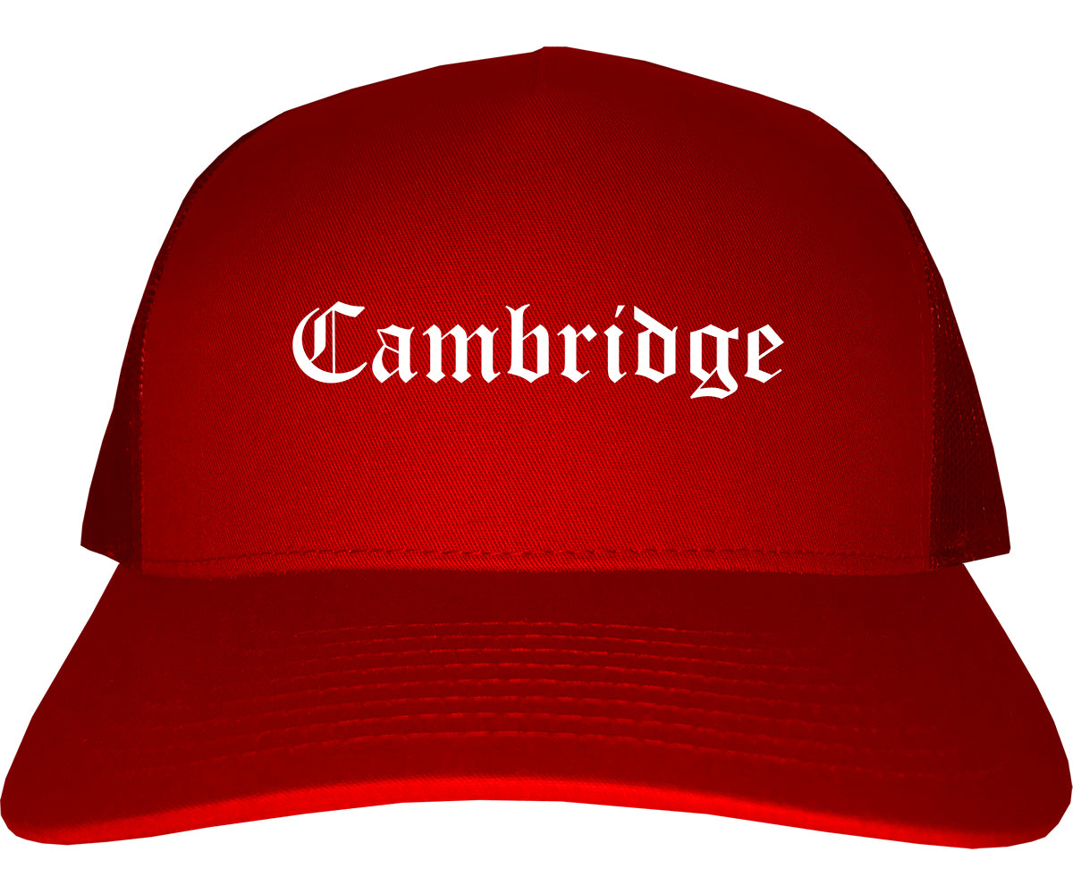 Cambridge Massachusetts MA Old English Mens Trucker Hat Cap Red