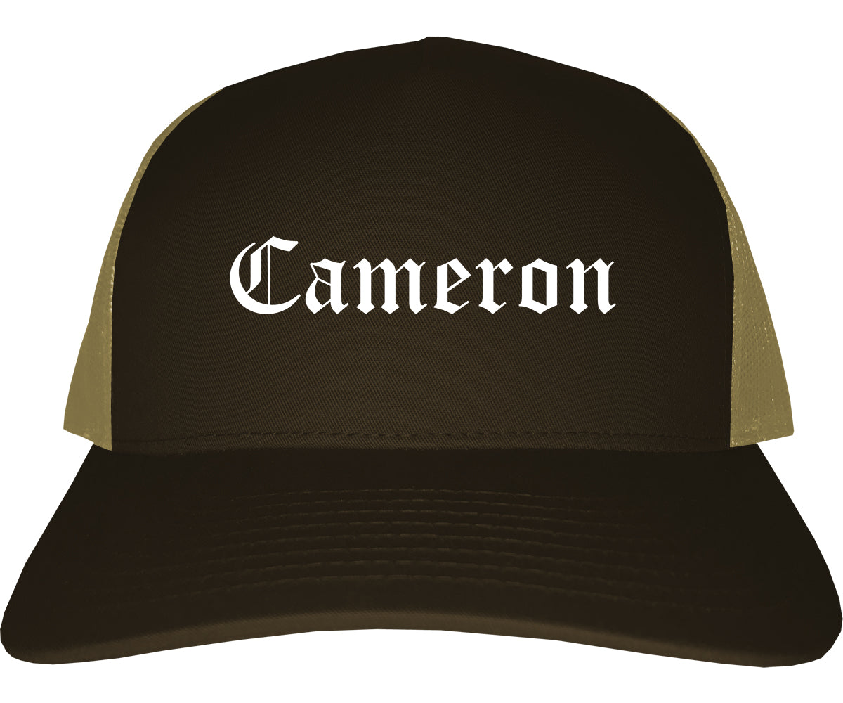 Cameron Texas TX Old English Mens Trucker Hat Cap Brown