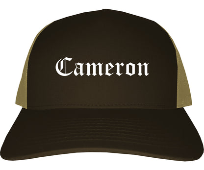 Cameron Texas TX Old English Mens Trucker Hat Cap Brown