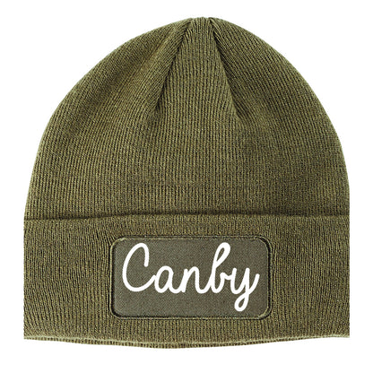 Canby Oregon OR Script Mens Knit Beanie Hat Cap Olive Green