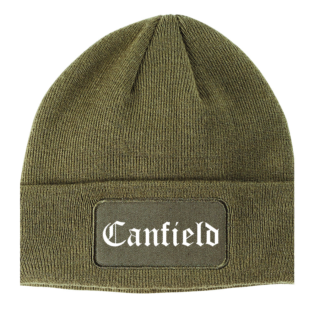 Canfield Ohio OH Old English Mens Knit Beanie Hat Cap Olive Green