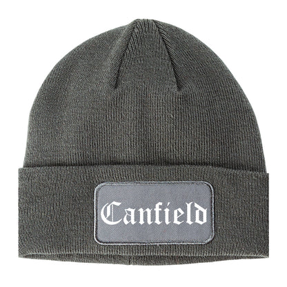 Canfield Ohio OH Old English Mens Knit Beanie Hat Cap Grey