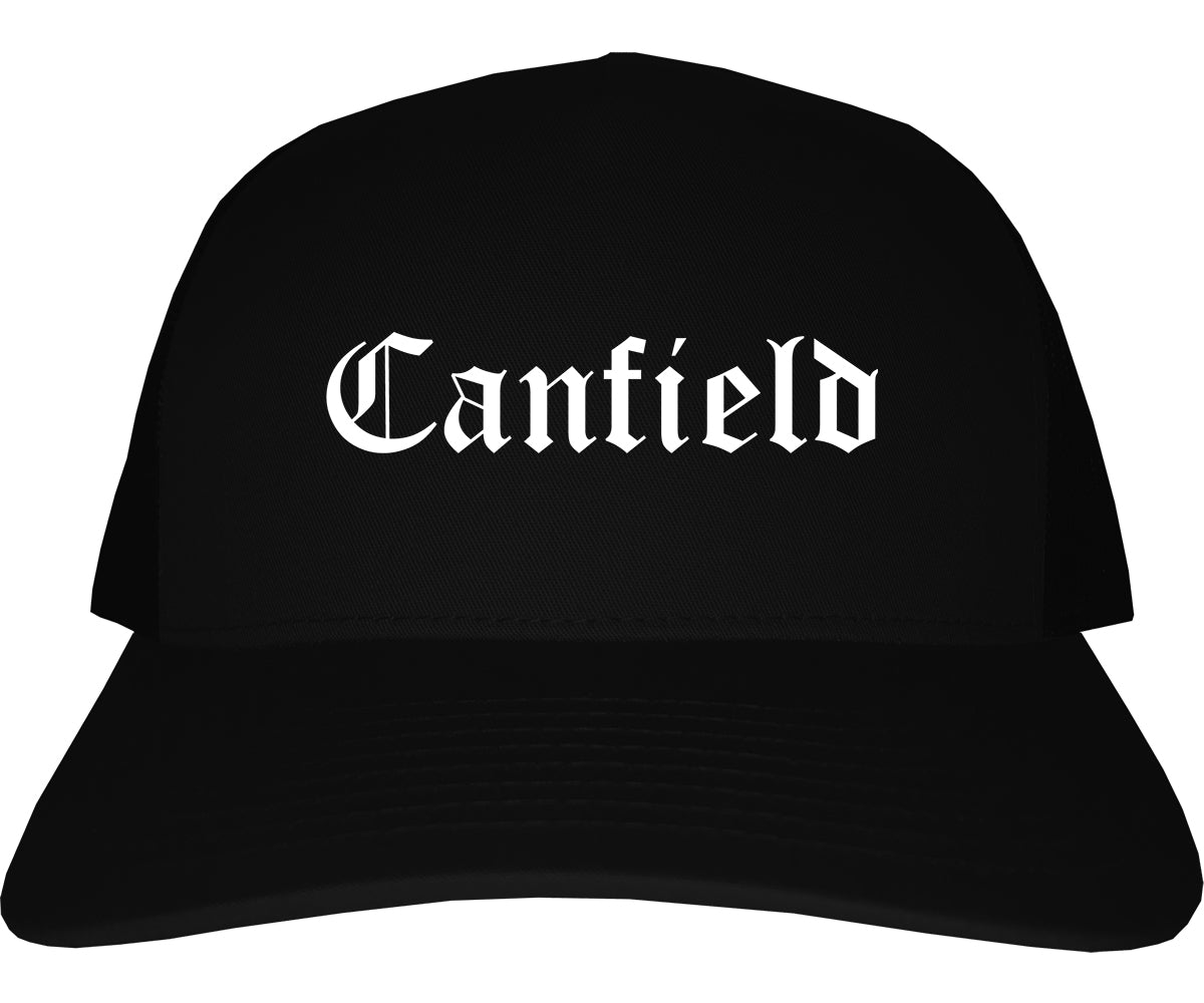 Canfield Ohio OH Old English Mens Trucker Hat Cap Black