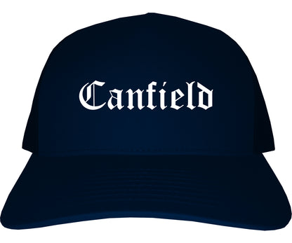 Canfield Ohio OH Old English Mens Trucker Hat Cap Navy Blue