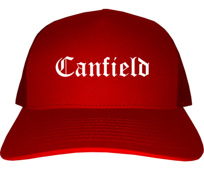Canfield Ohio OH Old English Mens Trucker Hat Cap Red