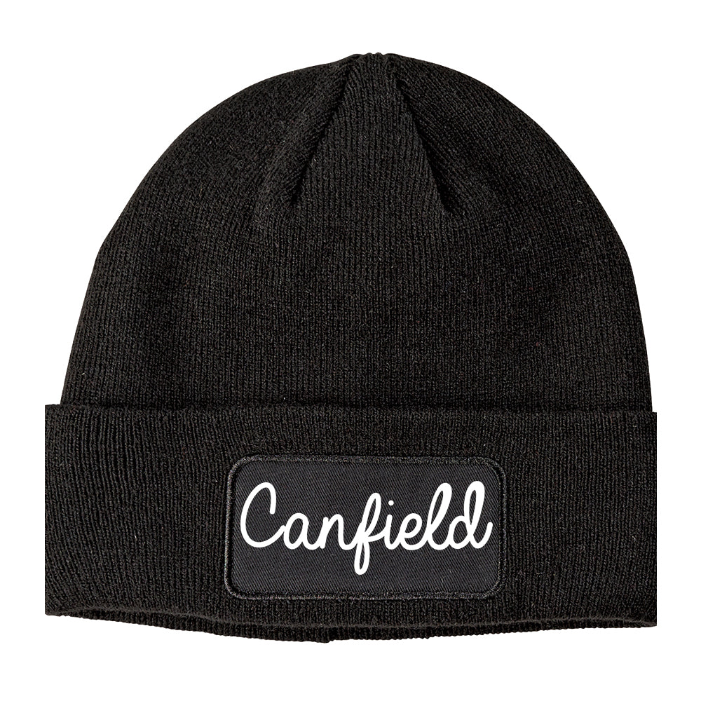 Canfield Ohio OH Script Mens Knit Beanie Hat Cap Black