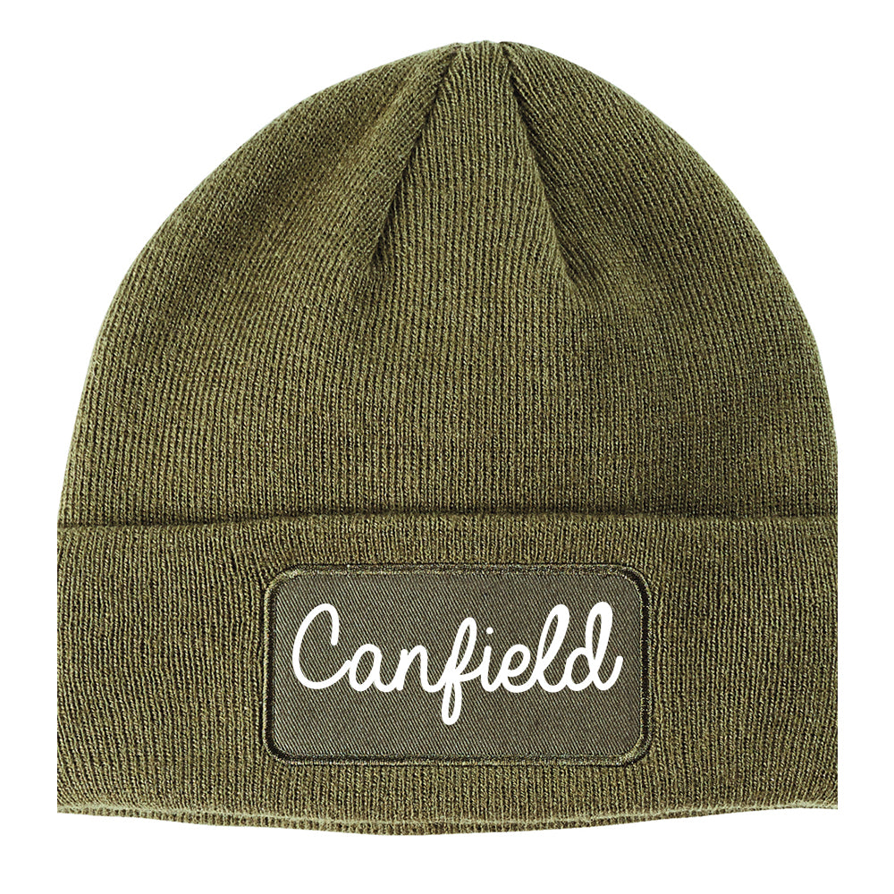 Canfield Ohio OH Script Mens Knit Beanie Hat Cap Olive Green