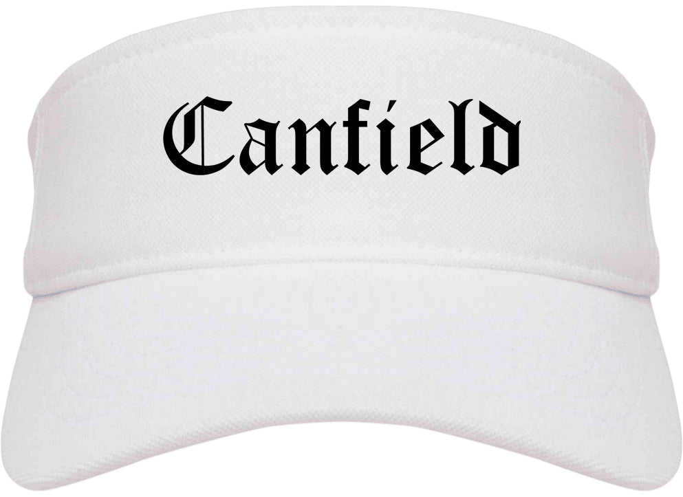 Canfield Ohio OH Old English Mens Visor Cap Hat White