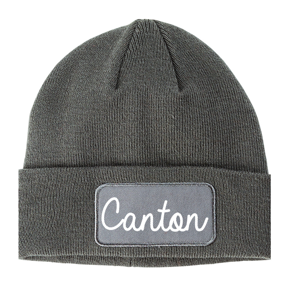 Canton New York NY Script Mens Knit Beanie Hat Cap Grey