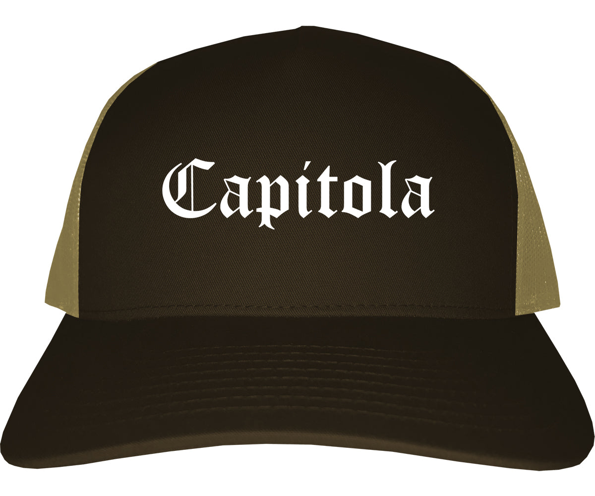 Capitola California CA Old English Mens Trucker Hat Cap Brown