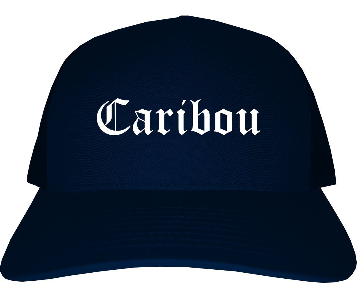 Caribou Maine ME Old English Mens Trucker Hat Cap Navy Blue