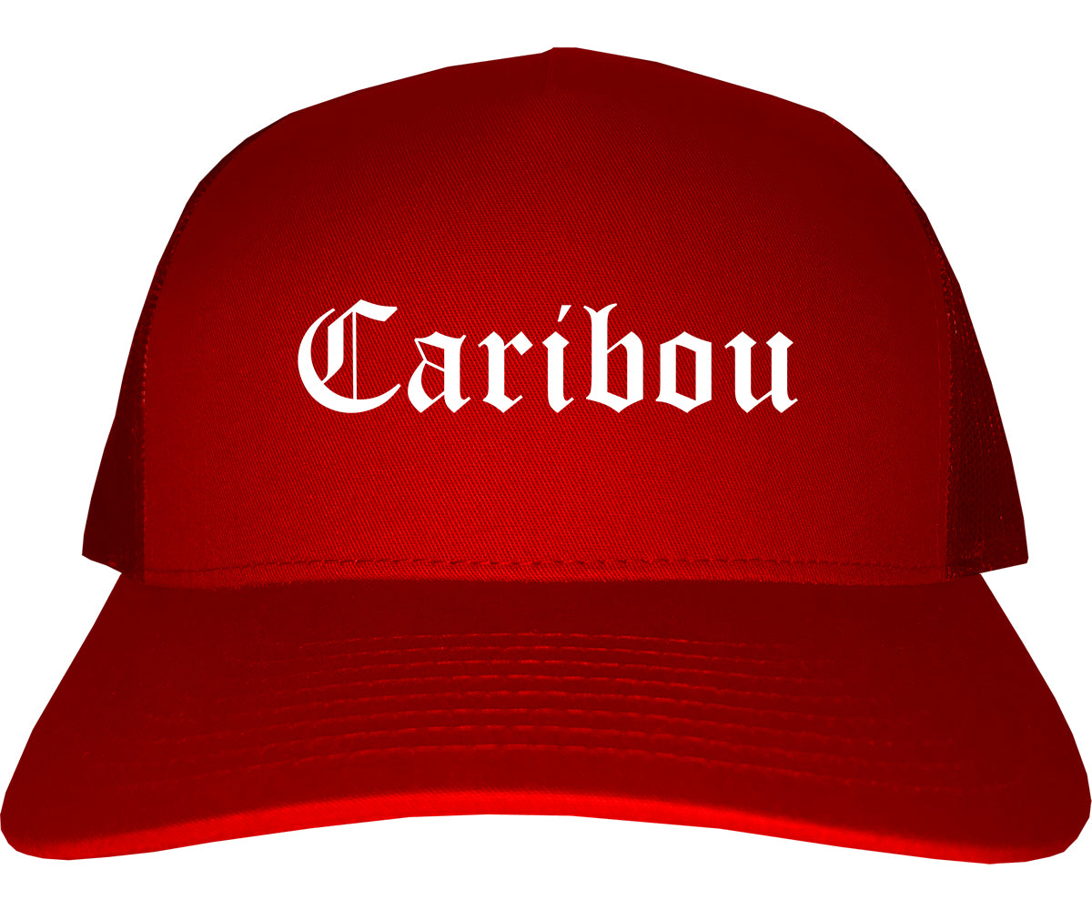 Caribou Maine ME Old English Mens Trucker Hat Cap Red