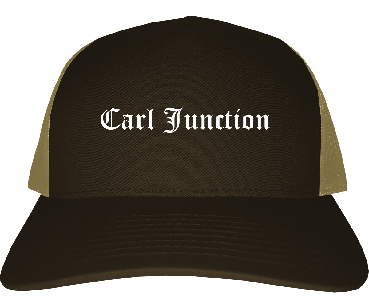Carl Junction Missouri MO Old English Mens Trucker Hat Cap Brown