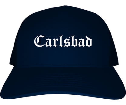 Carlsbad New Mexico NM Old English Mens Trucker Hat Cap Navy Blue