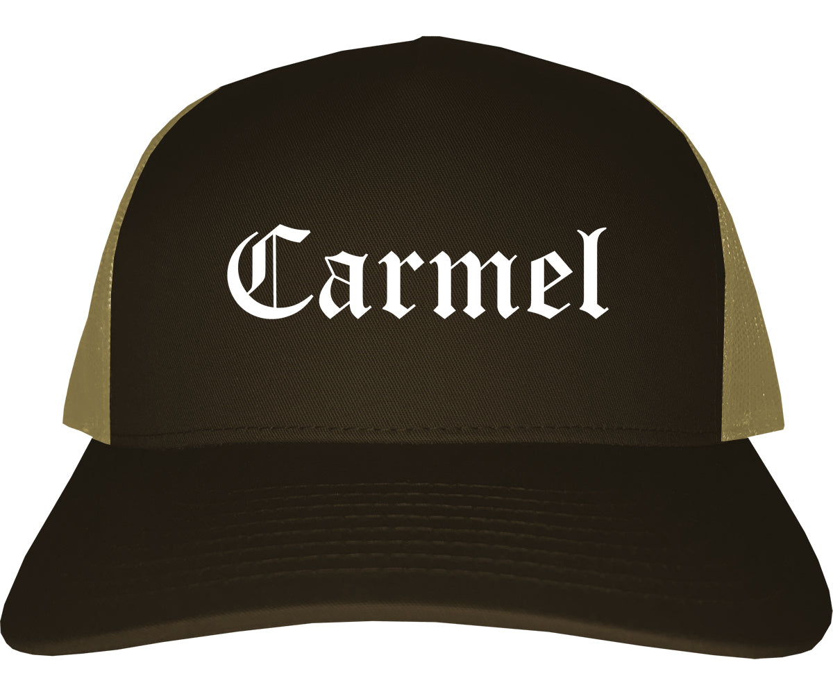 Carmel Indiana IN Old English Mens Trucker Hat Cap Brown