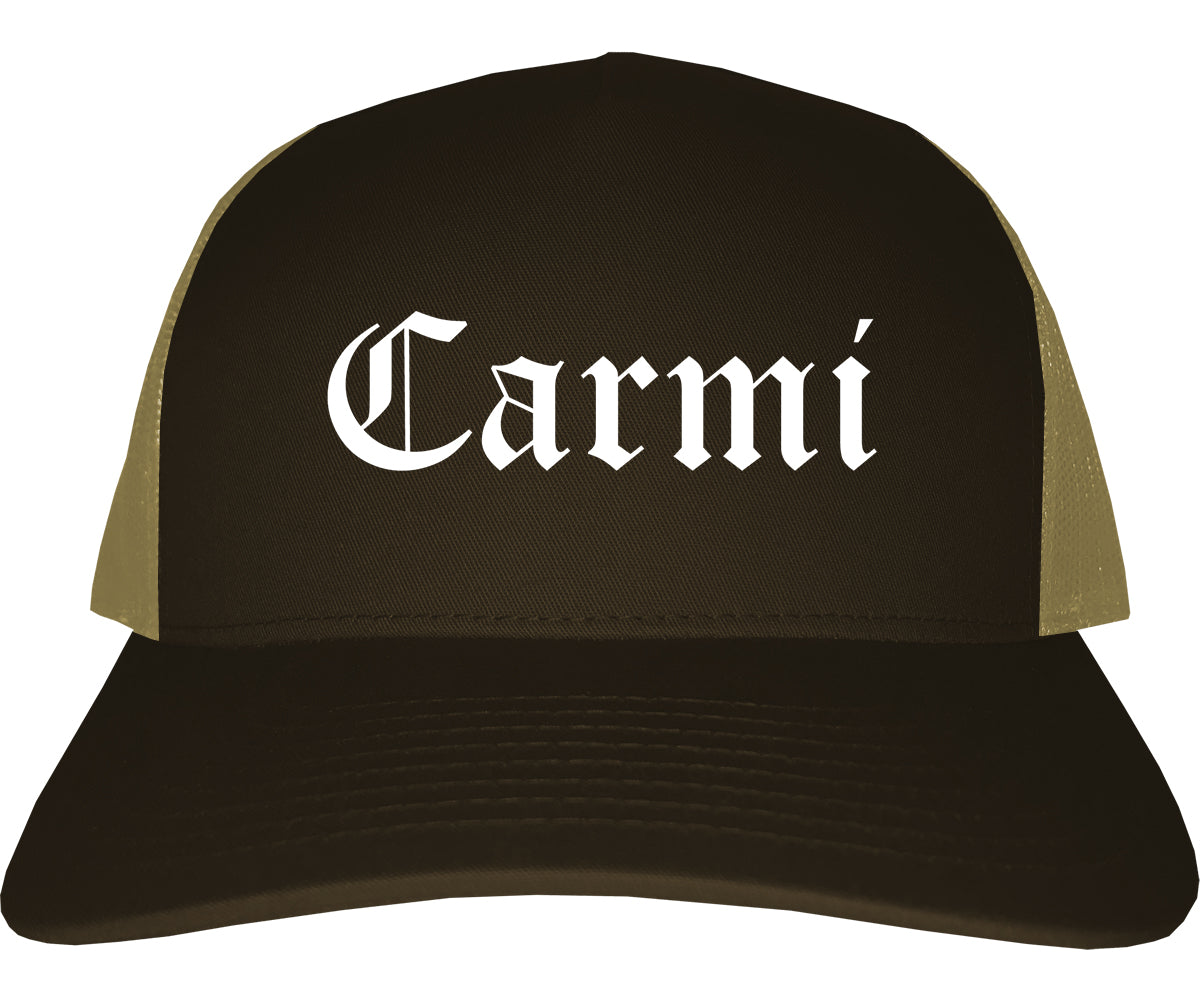 Carmi Illinois IL Old English Mens Trucker Hat Cap Brown