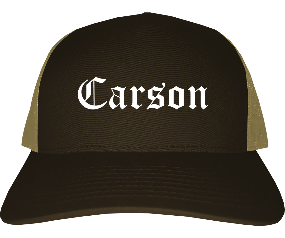 Carson California CA Old English Mens Trucker Hat Cap Brown